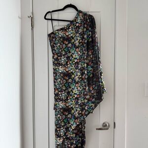 Halston abstract print one shoulder silk kaftan maxi dress - 6 (Medium)